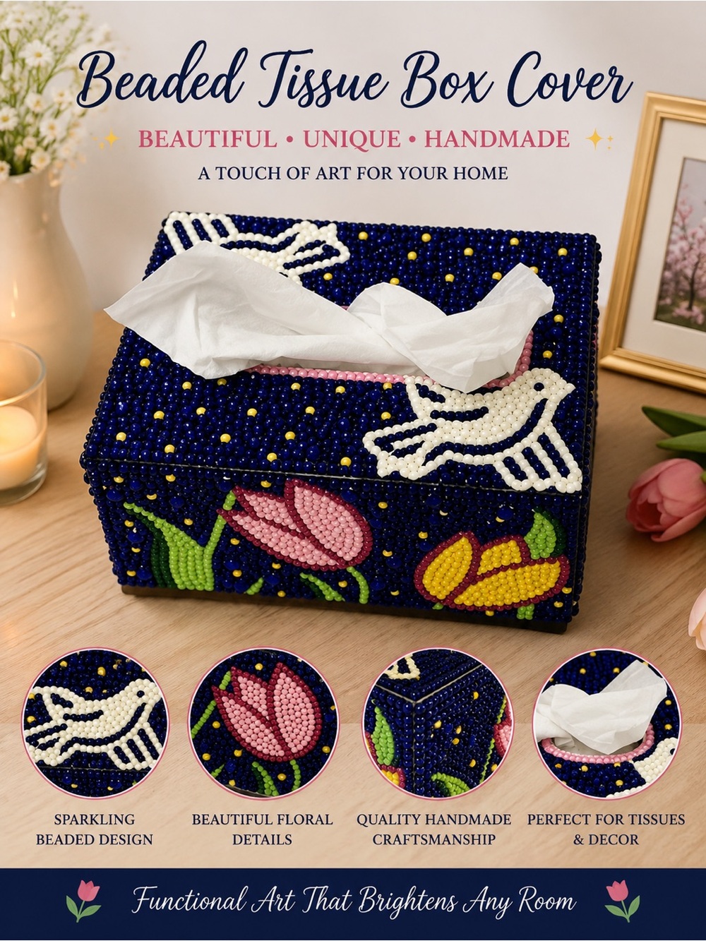 Diamond Art Floral Tissue Box Cover - sealed